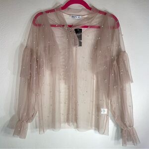 Fashion Leader L Tan Mesh Top Pearl Beaded Long Ruffle Sleeves